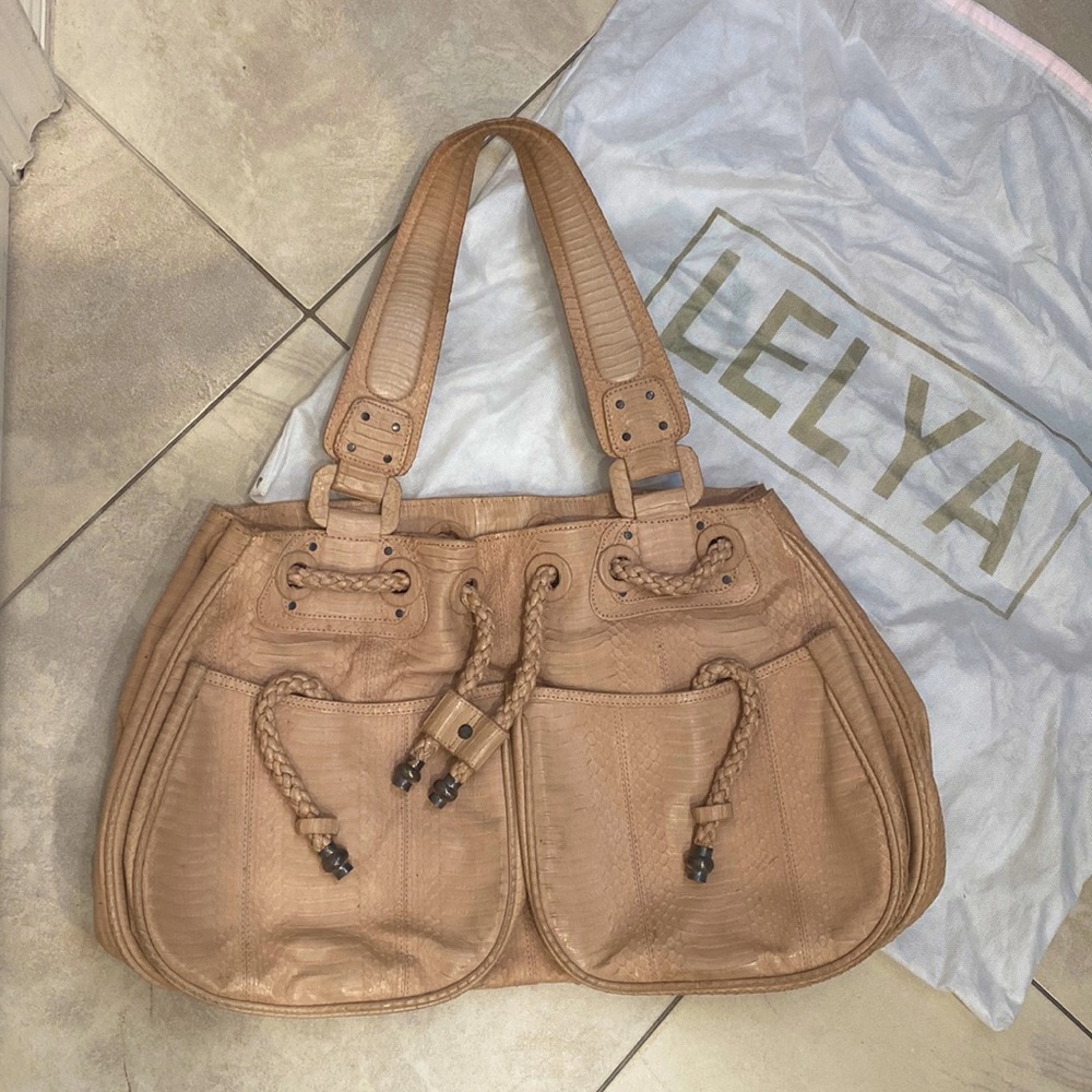 Lelya Handbag Snakeskin Beige Cream braided Pockets Snake Tote Bag Satchel Purse